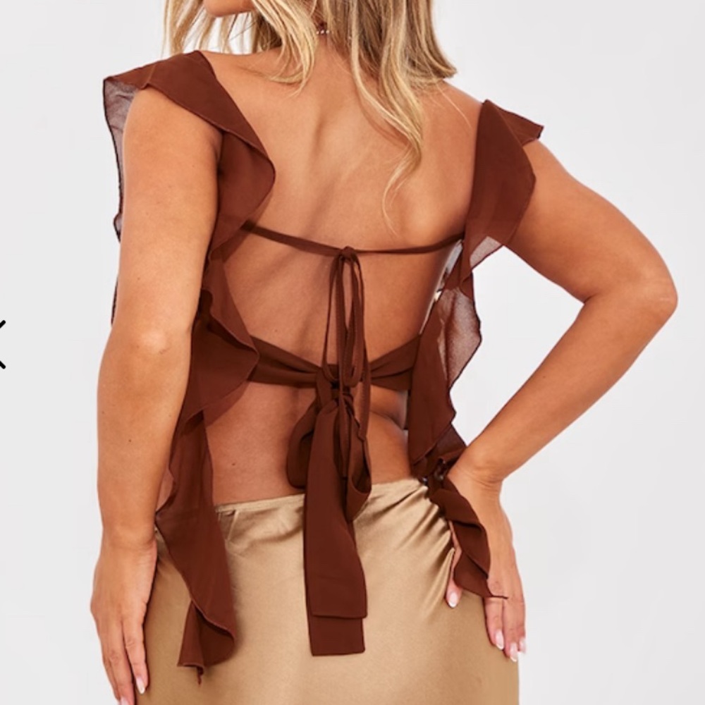 NWT PLT Chocolate Chiffon Frill Bardot Long Top
